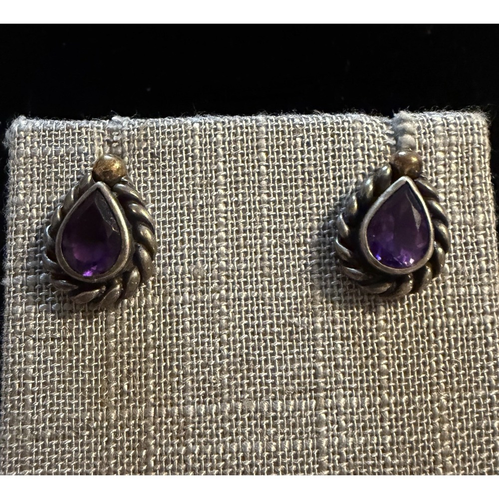 Sterling Silver 14k Gold & Amethyst Colored Stone Stud Earring Signed DC